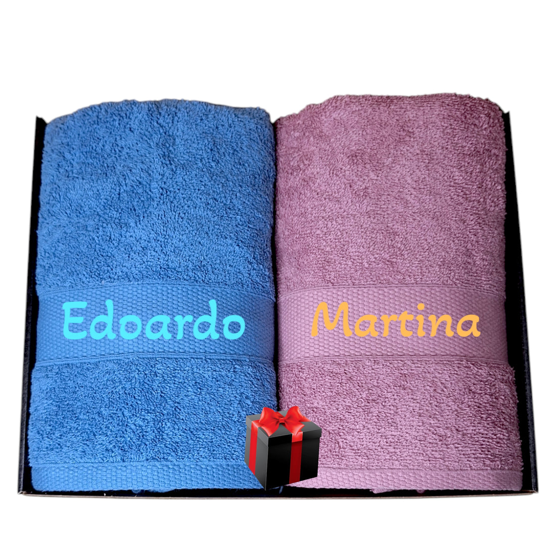 Set viso e ospite personalizzati. Asciugamani con passante per appendere in 100% cotone 500gr. Morbidi, super assorbenti