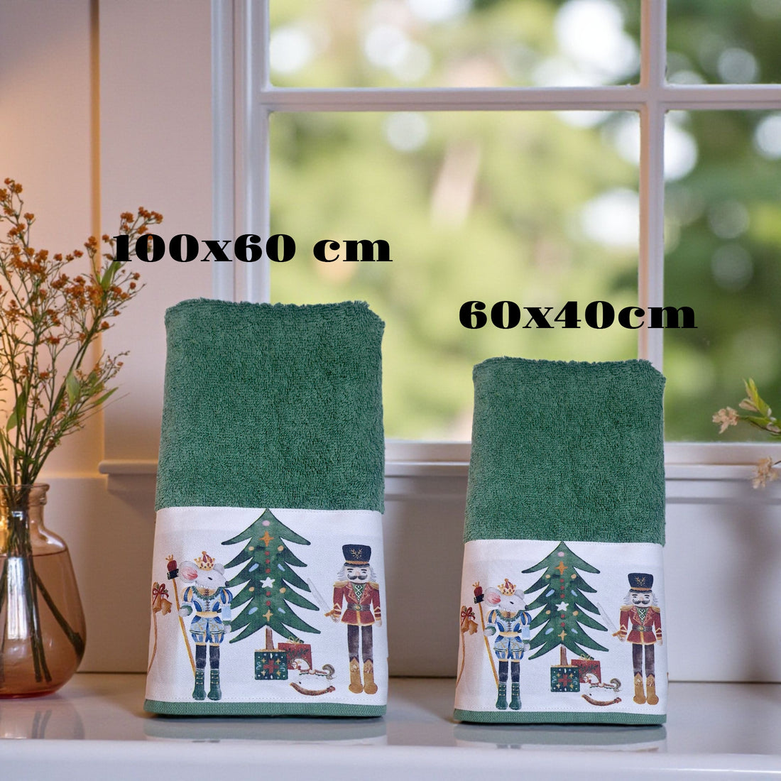 Asciugamani Natalizi bagno con balza. Asciugamani personalizzabili con nome. Set viso e ospite in 100% cotone