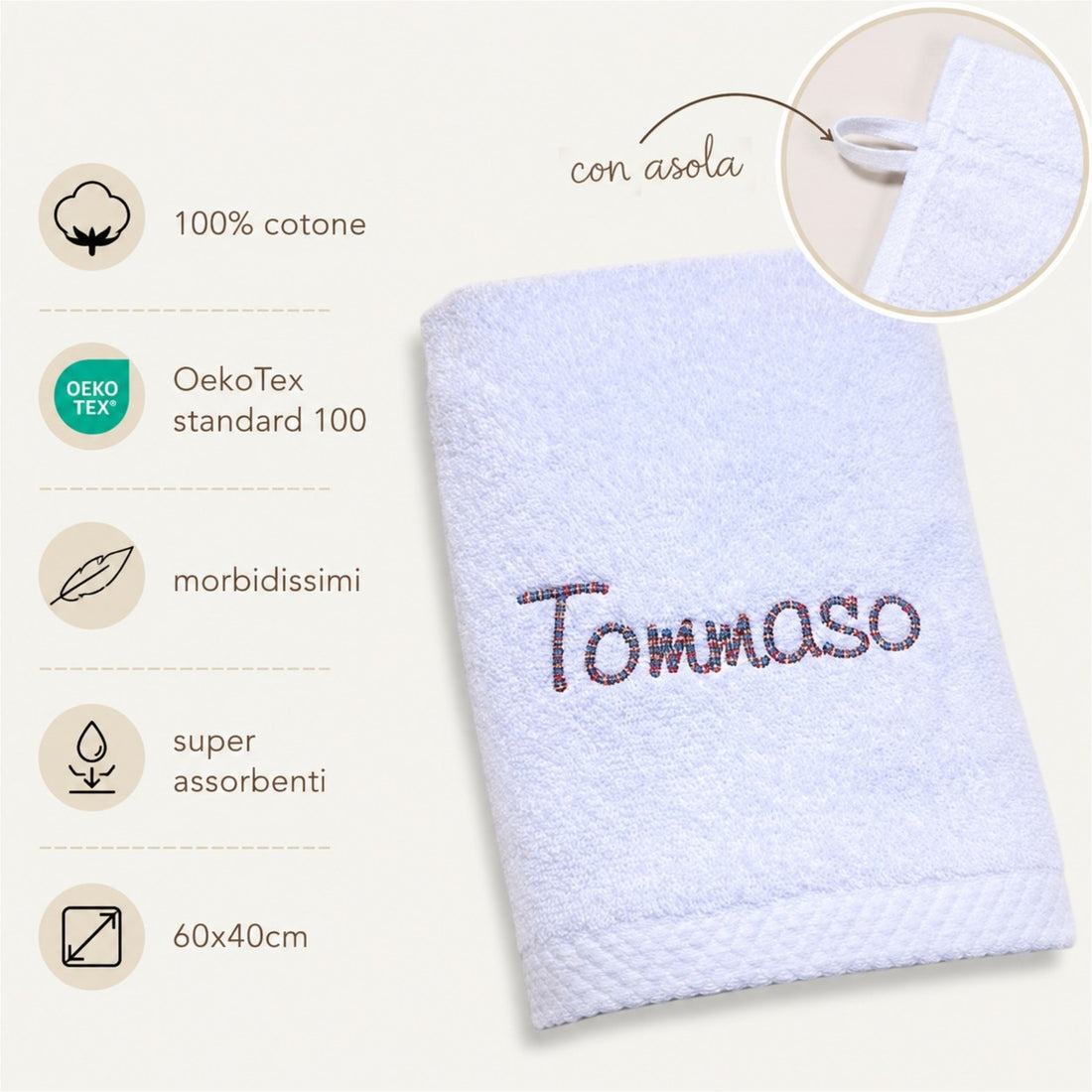 Asciugamani asilo, materna con asola, nome e sacca per trasporto. 100% cotone