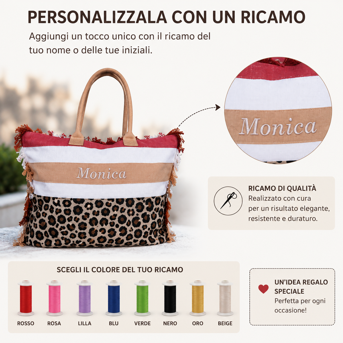 Borsa Mare Donna Grande in Cotone con Zip, Personalizzabile con Nome Ricamato, 45x35 cm, Lavabile, Idea Regalo Estate.